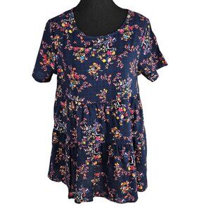NWT | Navy Blue Multi-Color Floral Tiered Ruffle Top | Pastoral Charm | M